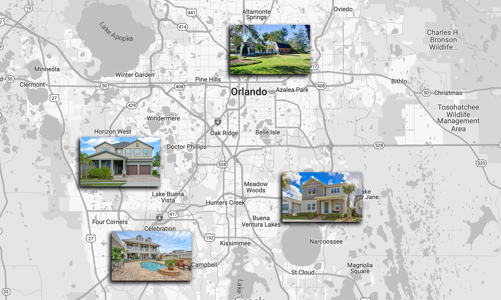 orlando google map with four homes highlighted